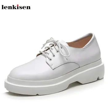 

Lenkisen new hot sale round toe lace up increasing cow leather platform causal shoes wedges high street fashion women pumps L5f1