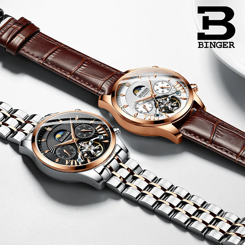 Мужские механические часы BINGER Skeleton Tourbillon Автоматические классические кожаные