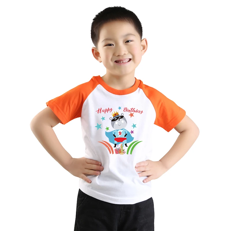 Футболка для мальчиков на день рождения; фиолетовая детская одежда для мальчиков; топы с короткими рукавами; Детские футболки с круглым вырезом; детская одежда - Цвет: Orange-09