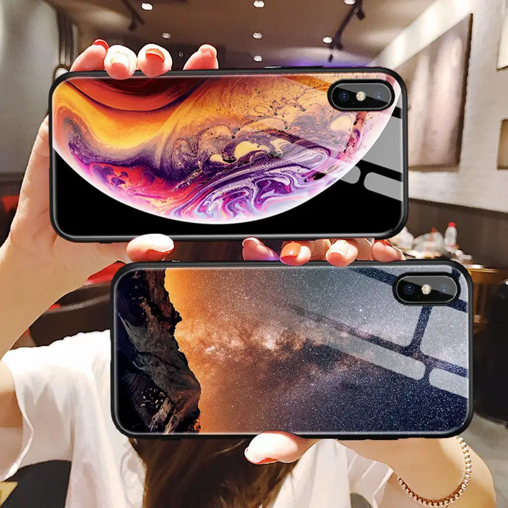 Protector universo planetas sol para iPhone X Xs Max 8 7 6 s Plus con cristal templado trasero