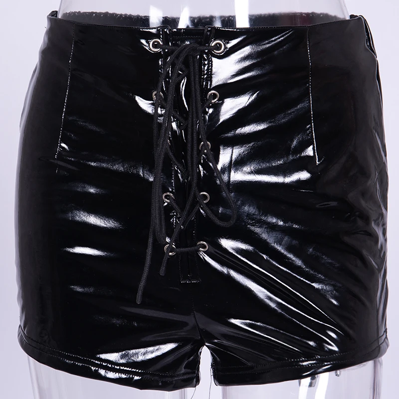 InstaHot Lace Up Elastic Waist Pu Leather Shorts Summer Black Red Sexy Fashion Tie Up Shorts Streetwear Club Clothing Lady