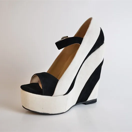 black and white striped wedge sandals