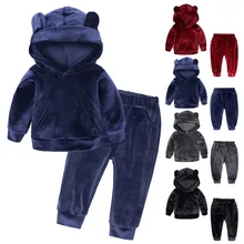 2 шт./партия, осенняя модная одежда для маленьких мальчиков и девочек мягкий теплый вельветовый свитер с капюшоном и ушками медведя, штаны, спортивный костюм, бейсбол