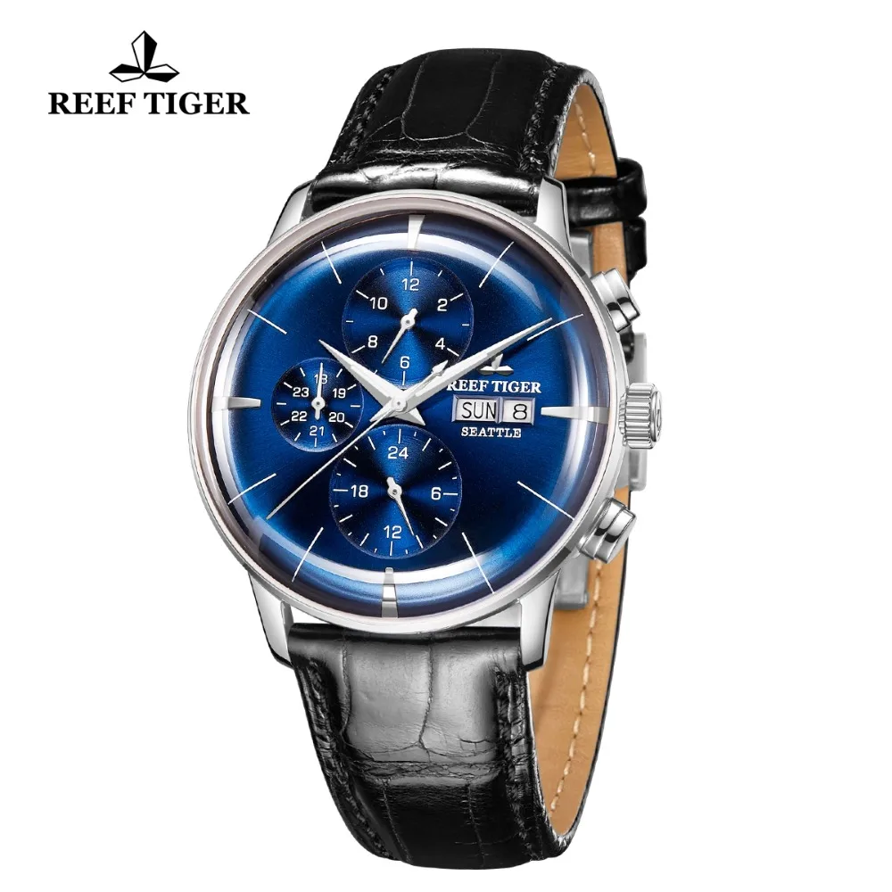 Мужские наручные часы Reef Tiger/RT Роскошные с синим циферблатом и двойным календарем