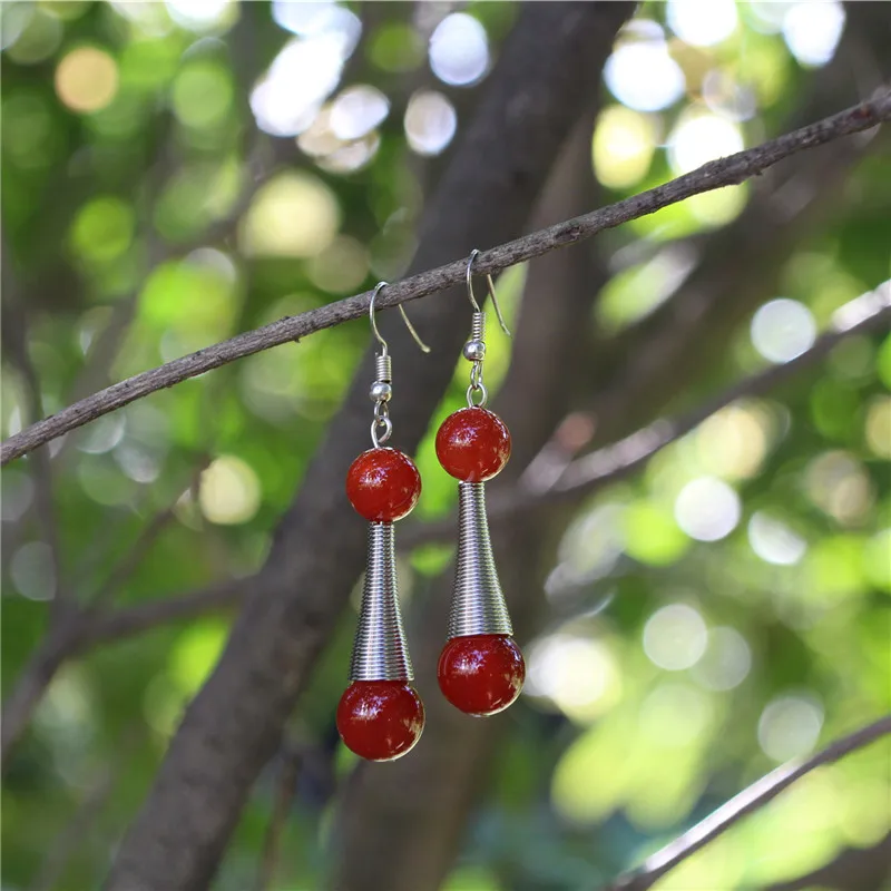 

Tibetan Silver Spiral Simple Earrings Ethnic Style Female Red Chalcedony Earrings Original Design Bohemian Free Shipping