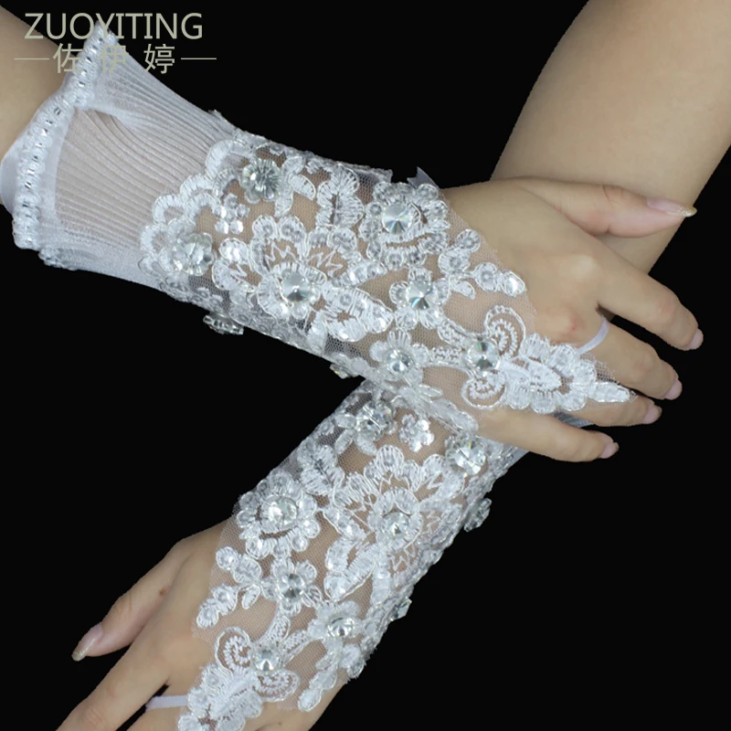 ZUOYITING белый кружева принцесса свадебные перчатки Модные женские длинные Дизайн наручные блестками свадебные платья перчатки свадебные