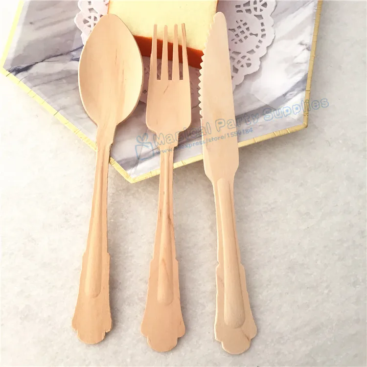 

Free Ship 30pcs Wooden Forks Spoons Knives for Wedding Tablesettings Barouque Style Wooden Cutlery Eco Friendly Party Utensils