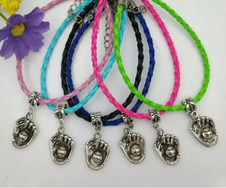

Antique Silver Baseball Glove Softball Dangle Bead Pendant Mixed Color Leather Braided Rope Bracelets& Bangles Womens Jewelry