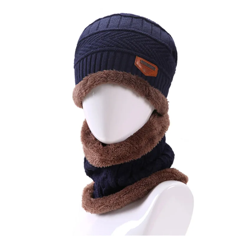 Высокое качество добавить шерсть шею зимняя шапка шарф Кепки зима Шапки для Для мужчин Для женщин вязаная шапка меховая шапочки вязать шляпа Skullies - Цвет: dark blue