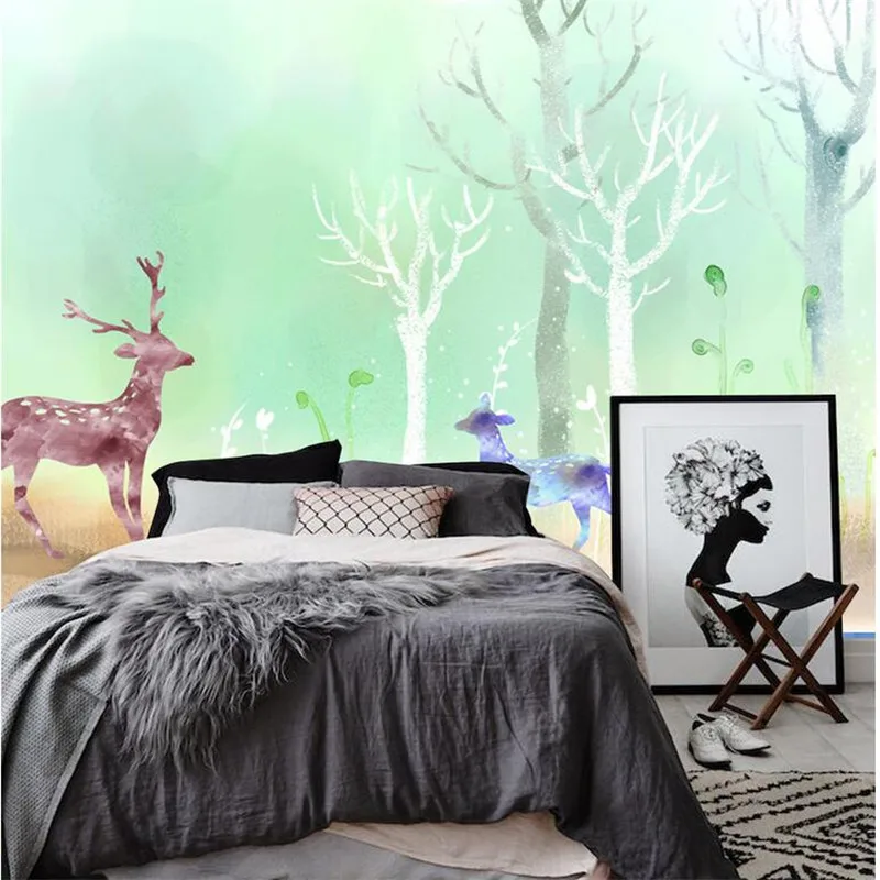 

Custom Forest Wall Paper Elk Large Wall Murals Environment Friendly Embossed Non-Woven TV Background Wall Mural Wallpaper