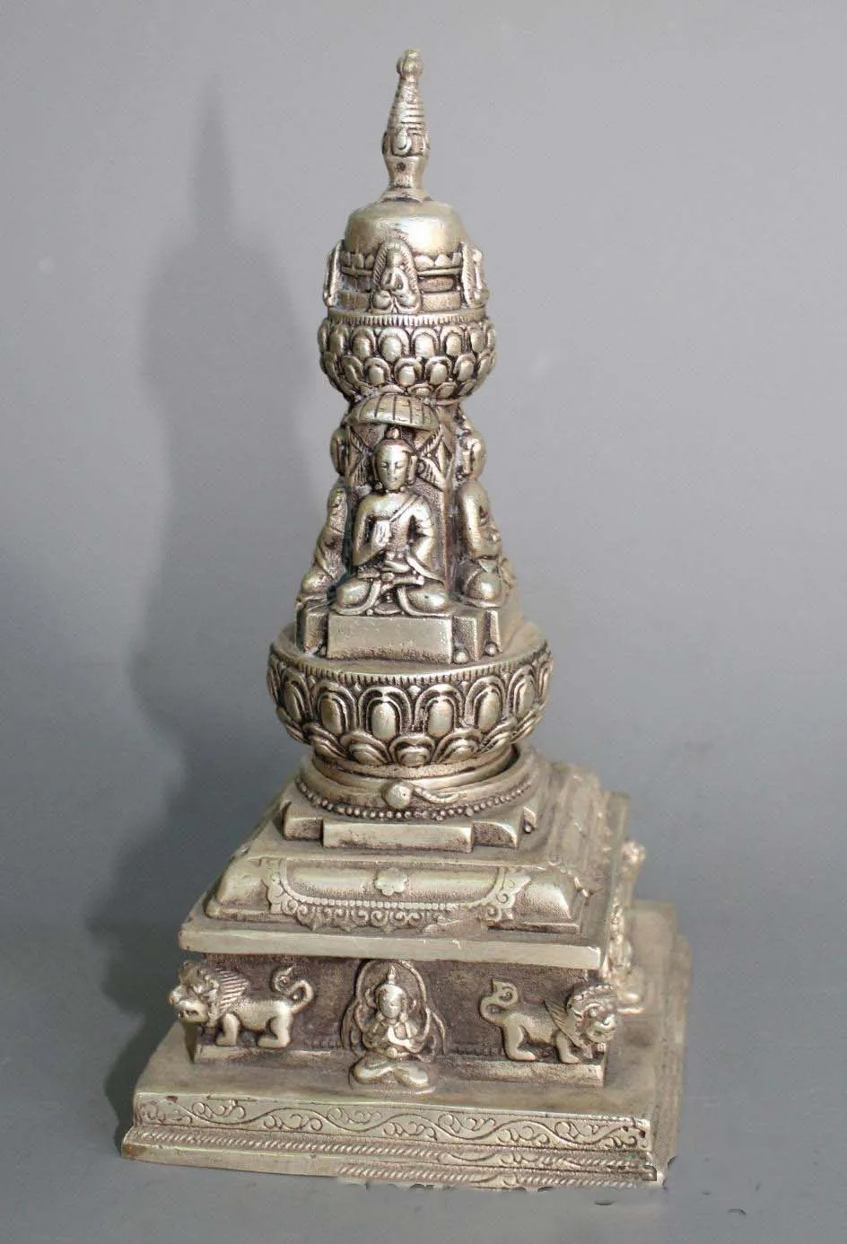 

Old Tibet buddhism Silver God beast sakyamuni Buddha tower incense burner