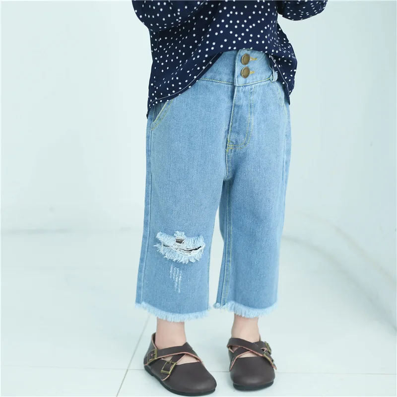 2018 girls denim pants baby holes wide leg pants kids jeansin Pants