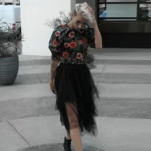 Шикарные Асимметричные черные тюлевые юбки для женщин, эластичная Женская юбка-пачка длиной до лодыжки с оборками, новинка, Faldas Mujer Moda