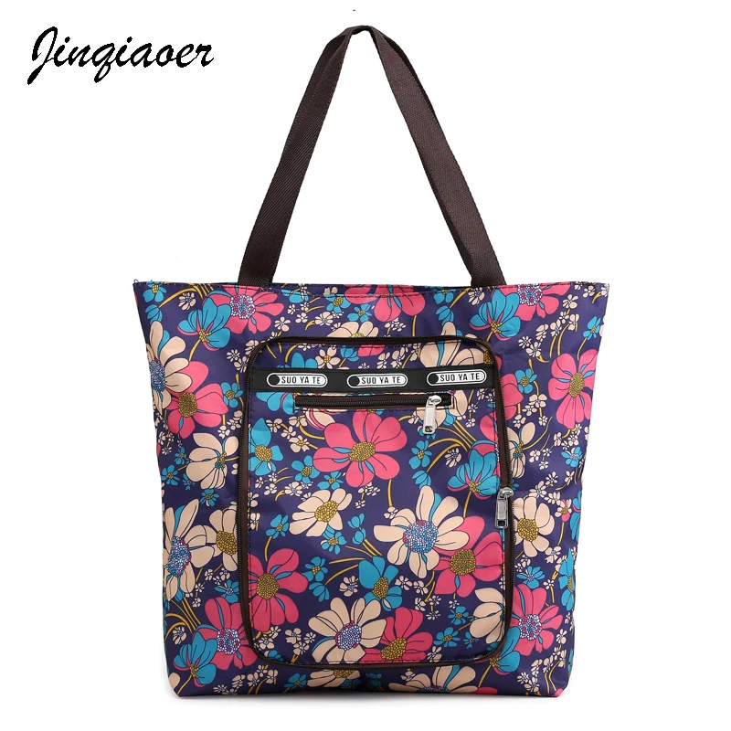 

Magic Fish 1pcs Women Fashion Flower Fold Bags Big Capacity Handbag Nylon Waterproof Shoulder Bag Casual Floral Shopping Totes