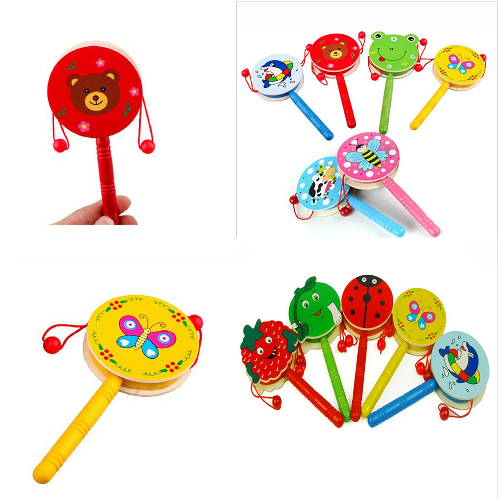 2017 Cute Wooden Rattle Pellet Drum Cartoon Musical Instrument Toy
