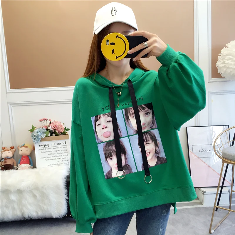 

Lychee Harajuku Long Sleeve Hit Color Women Sweatshirt Loose Women Hooded Sweatshirt Character Letter Print Lady Tracksuit