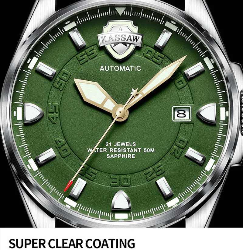 KASSAW Luminous military watch men leather automatic mechanical watch men's luxury brand sports Man Watches relogio masculino