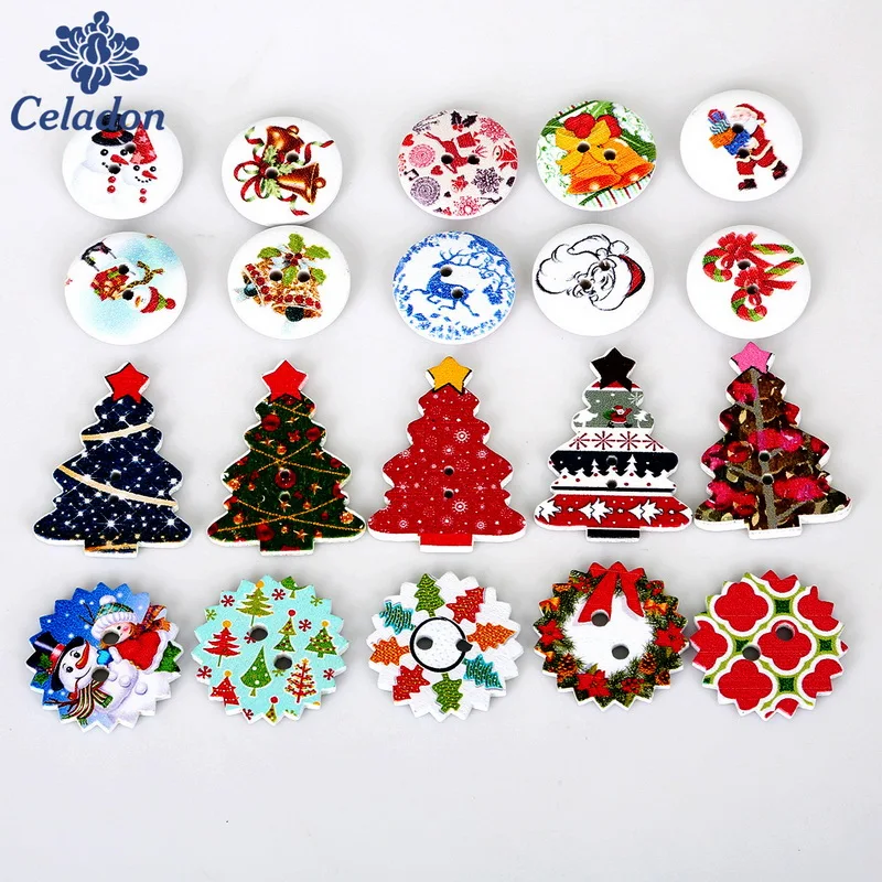

50Pcs Random Mixed Christmas Style Wooden Buttons 2 Holes Sewing Button Scrapbooking Craft DIY Apparel Accessories