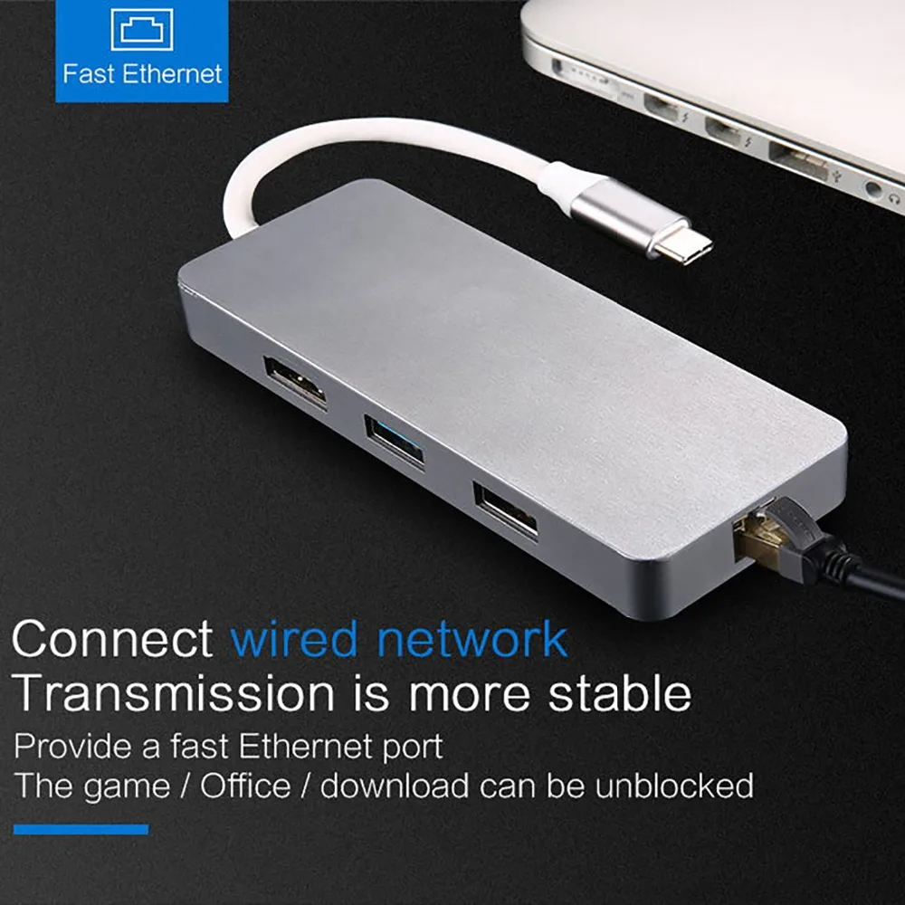 7 in 1 Thunderbolt 3 USB-C to HDMI Rj45 Fast Ethernet Adapter USB Type C Hub Dock Dongle with Power