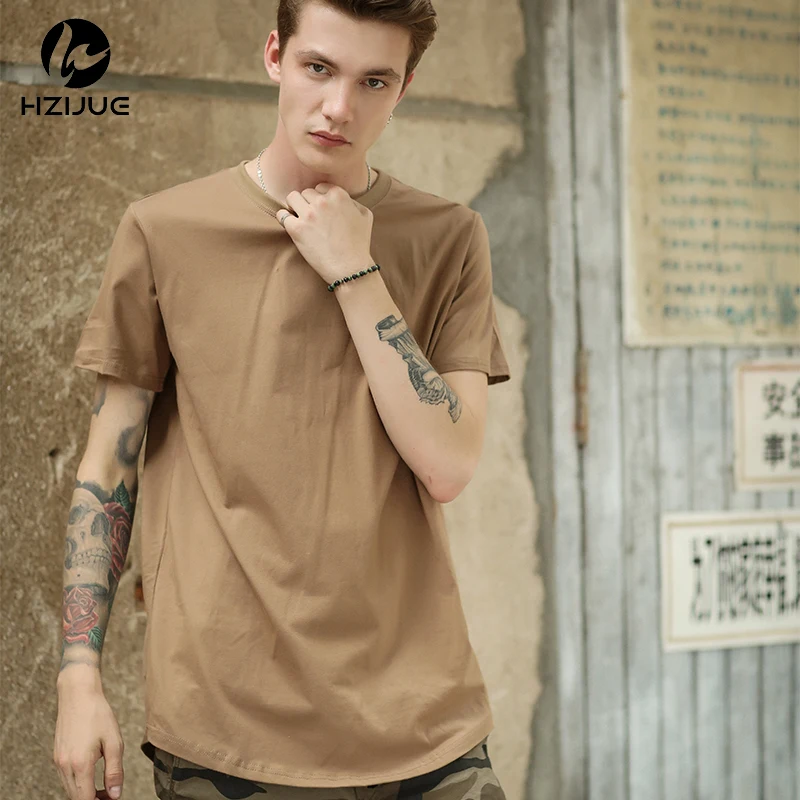

HZIJUE Curved Hem Hip Hop T-shirt Men Urban Kpop Extended T shirt Plain Longline Men Tee Shirts Male Clothes Justin Bieber Kanye
