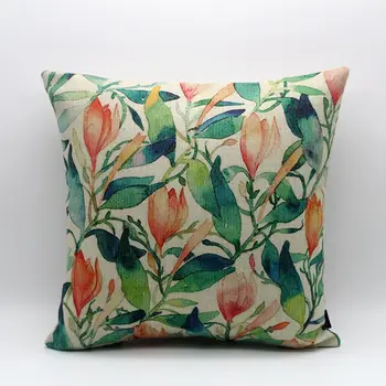 

LINKWELL 18x18" Modern Pink Flower with Green Leaf Burlap Cushion Cover Pillowcase in Chinese Style