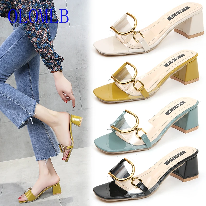

OLOMLB 2019 New Women Summer High Quality Square High Heels Pumps Shoes Women Sandals Open Toe Ladies Slippers Clear Shoes