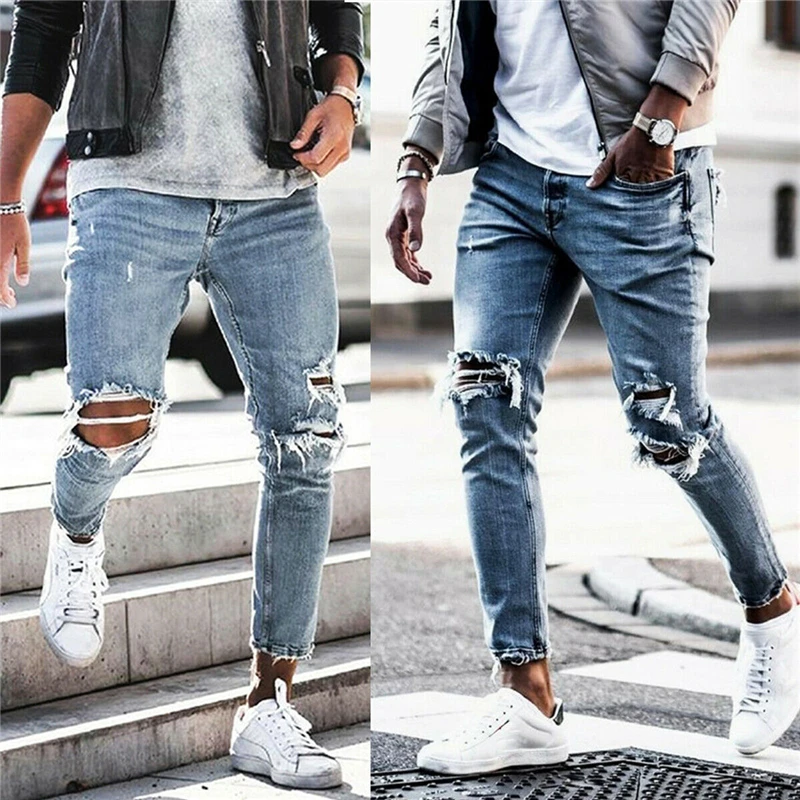 Mens Solid Color Jeans 2019 New Fashion Slim Pencil Pants Sexy Casual Hole Ripped Design Streetwear Denim Trousers Mens Solid Color Jeans 2019 New Fashion Slim Pencil Pants Sexy Casual Hole Ripped Design Streetwear Denim Trousers
