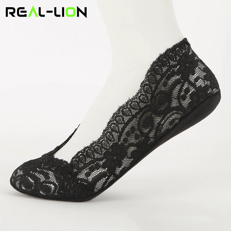 

Reallion 1 Pair Summer Women Girl Lace Boat Socks Non-slip Cotton Invisiable Socks Antiskid Slippers Anti-Slip Low Cut Sock