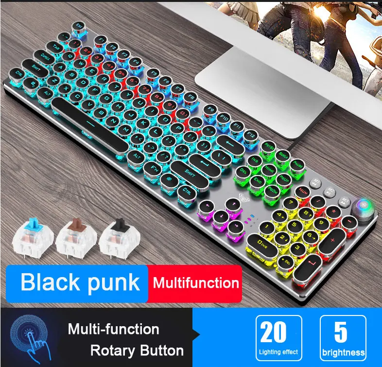 Игровая механическая клавиатура с подсветкой, синий/черный переключатель, металлическая панель, круглая Ретро клавиатура, USB компьютерная периферийная система для настольного ноутбука