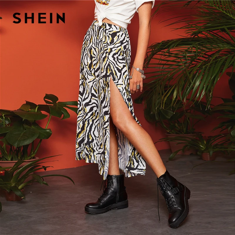 SHEIN Boho, разноцветные, с разрезом, до бедра, с принтом зебры, трапециевидные юбки, Женская Весенняя, средняя талия,, повседневная, для отдыха, сексуальная, расклешенная, длинная юбка