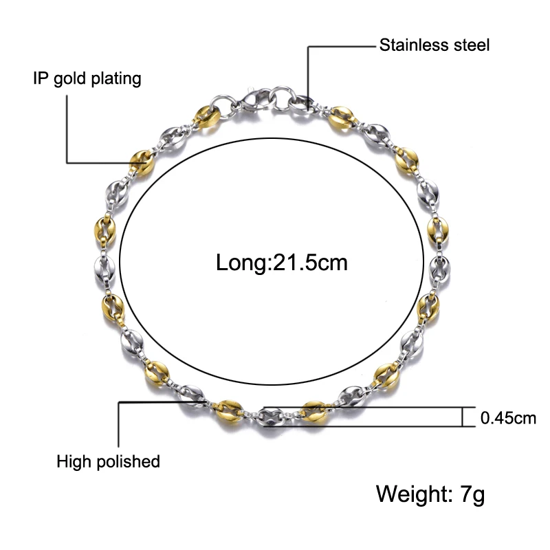US7 цепочка для кофейных зерен 11 мм ожерелье из нержавеющей стали для мужчин и женщин цепочка для звено веревки модное ожерелье s хип-хоп ювелирные изделия - Окраска металла: Silver and gold col