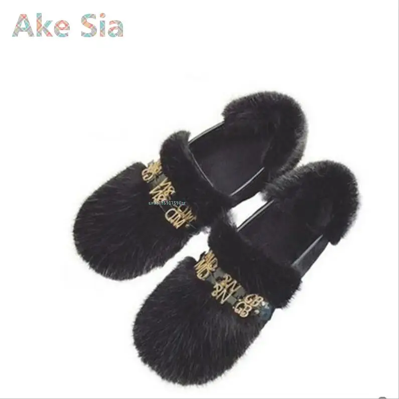 

Ake Sia European station mink hair shoes new autumn and winter plus soft cotton flat lazy soft hair base thick soled shoes#36984