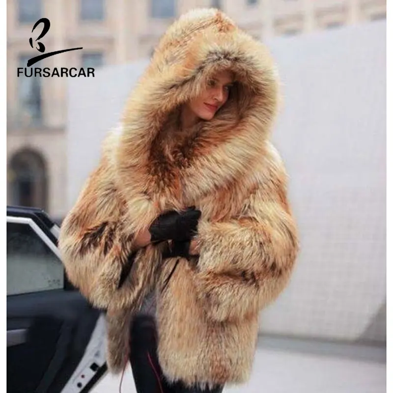 FURSARCAR Fashion Luxury Real Fur Coat Silver Fox Fur Coats Genuine Leather Women Overcoat Winter Thick Warm 70cm Long Clothing Coats