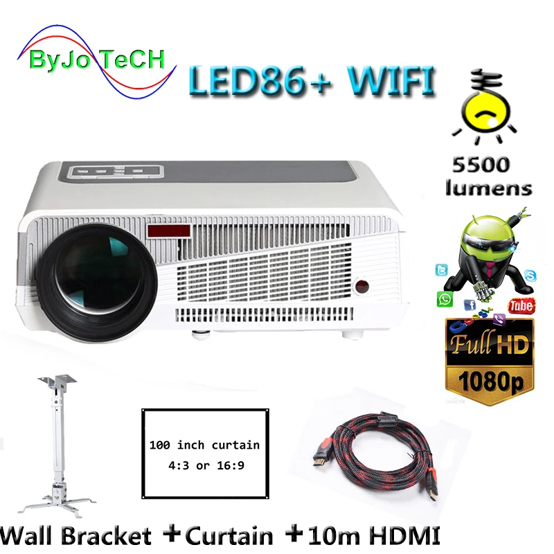 Poner Saund LED86+ WIFI 5500 lumens Full HD projector 1080P 3D Android 6.0 home theater 10m HDMI Curtain Wall Bracket Supports