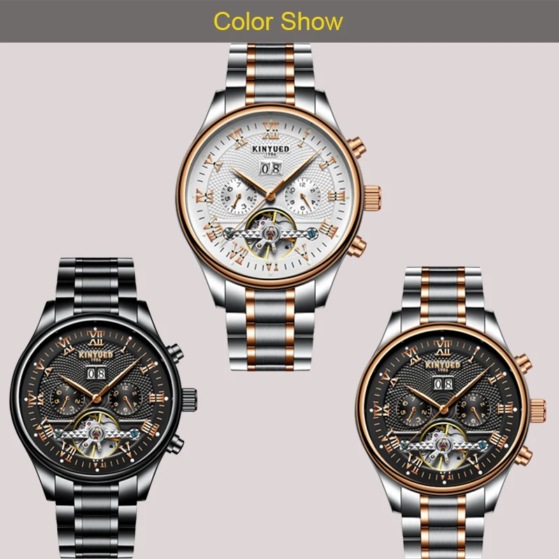 KINYUED الرجال تقويم دائم التلقائي ساعات آلية الياقوت الفولاذ المقاوم للصدأ الهيكل العظمي ووتش الرجال السود Reloj Hombre 2018