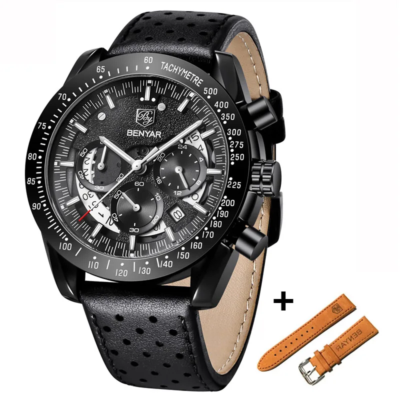 BENYAR Повседневная мода хронограф из нержавеющей стали часы комплект для мужчин высокого качества Бизнес Кварцевые наручные часы для мужчин Relogio Masculino - Цвет: Leather Black White
