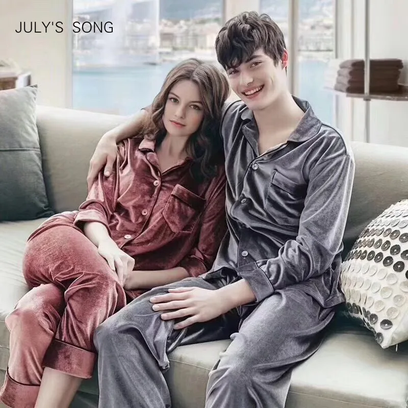 

JULY'S SONG Woman Man Autumn Winter Pajamas Set Sleepwear Couple Pajamas Gold Velvet Top And Pants Pajamas Long Sleeve Homewear
