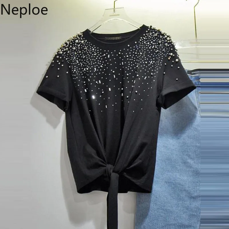 

Neploe Rivet Diamonds Short Sleeve T Shirts Women Summer Lace Up Tshirt 2019 Korean New Fashion Black O-neck Top Tees 53306