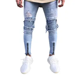 Дизайнер Slim Fit Ripped skinny Jeans Для мужчин Здравствуйте-стрит Для мужчин s Distressed Denim Joggers отверстия на коленях мыть Уничтожено джинсы