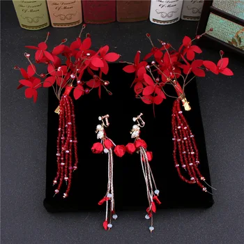 

New bridal headdress red hair earrings set handmade hairpin barrette long earrings wedding hair Jewelry