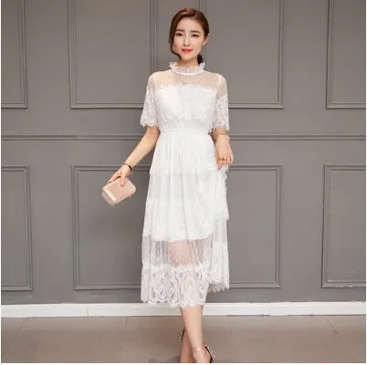 

Korean Vintage Party Dresses 2018 Summer Dress For Women Solid Retro Office Wear Bodycon Bandage Patchwork Lace Dresses HJ85