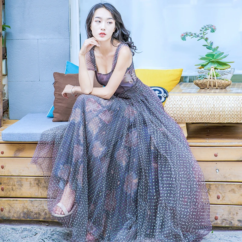 

Korea round neck sling wave dot stitching mesh large pendulum midi dress seaside holiday print fairy beach dress summer woman