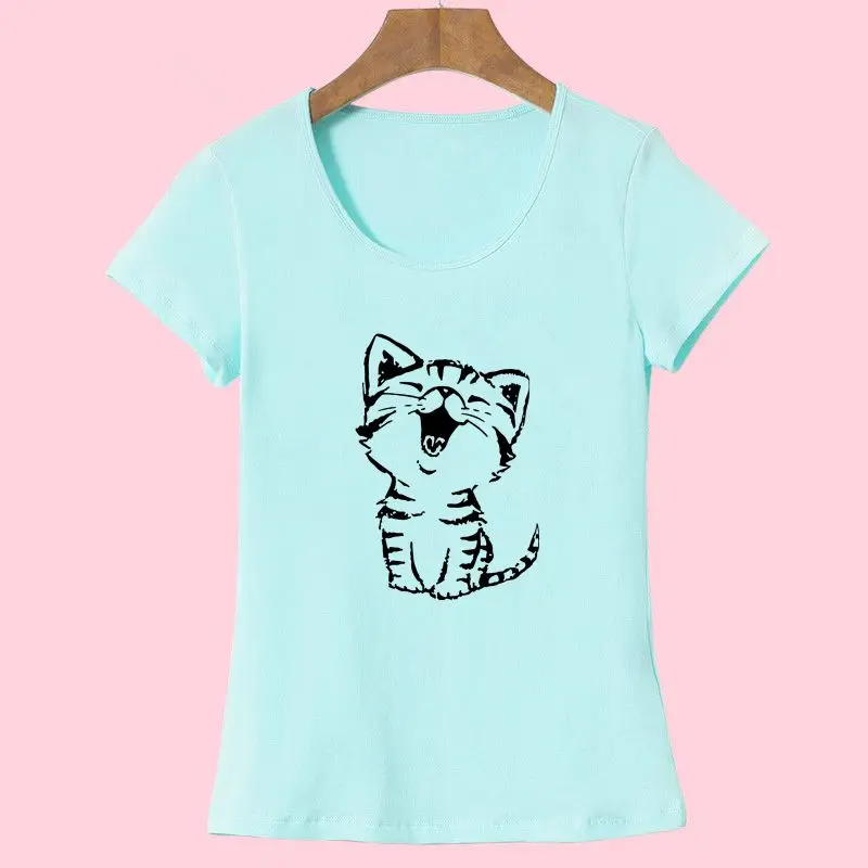 Funny Cat Print T shirt Short Sleeve T shirts Cute Fashion Women's