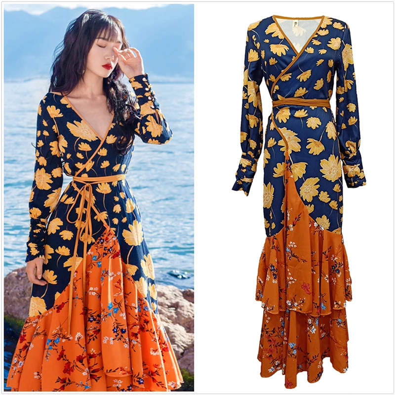 

Women V Neck Long Sexy Dress High Quality Vintage Boho Full Sleeve Floral Print Chic Party Dress Sashes Adjustable Dress SL098