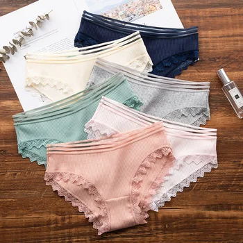 

3pcs/lot Women's Cotton Panties Female Striped Breathable Briefs Sexy Lace Edge Underwear Women Cotton Crotch Lingerie Intimates