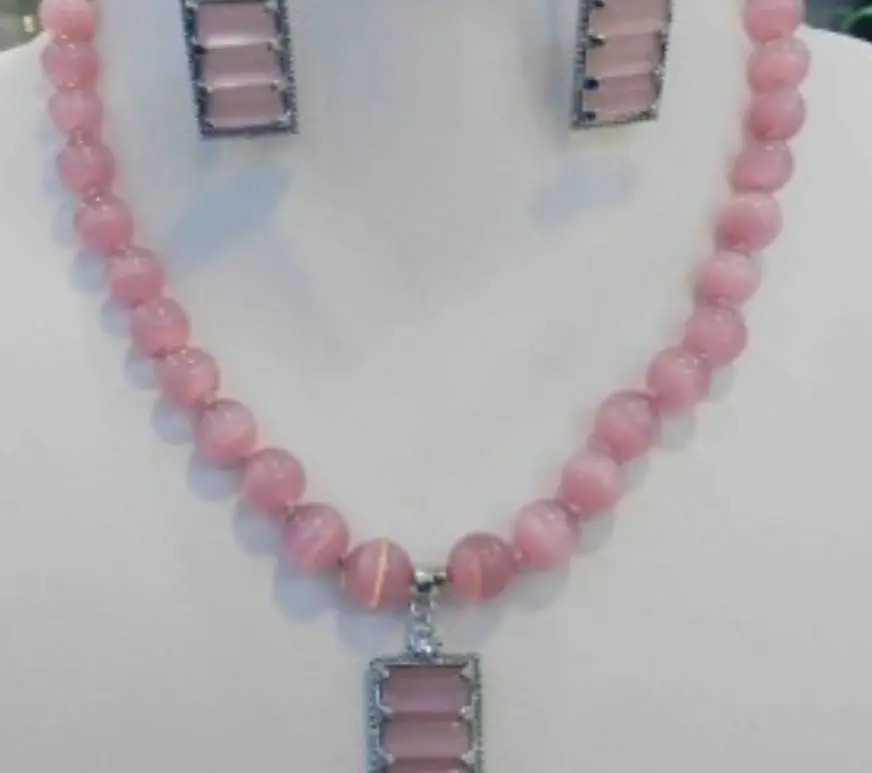 

Pink Mexican Opal Round Beads Gems Pendant Necklace Earring Set 18"AA>>18K gold plated watch wholesale Quartz stone CZ crystal