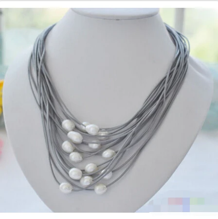 

P3887 15row 20" 13mm white rice pearl gray leather necklace ^^^@^Noble style Natural Fine jewe FREE SHIPPING