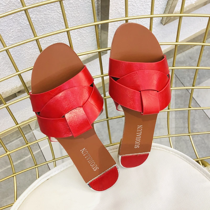 SUOJIALUN летние пляжные шлёпанцы для женщин для сланцы открытый плоские женские сандалии Лидер продаж слайд