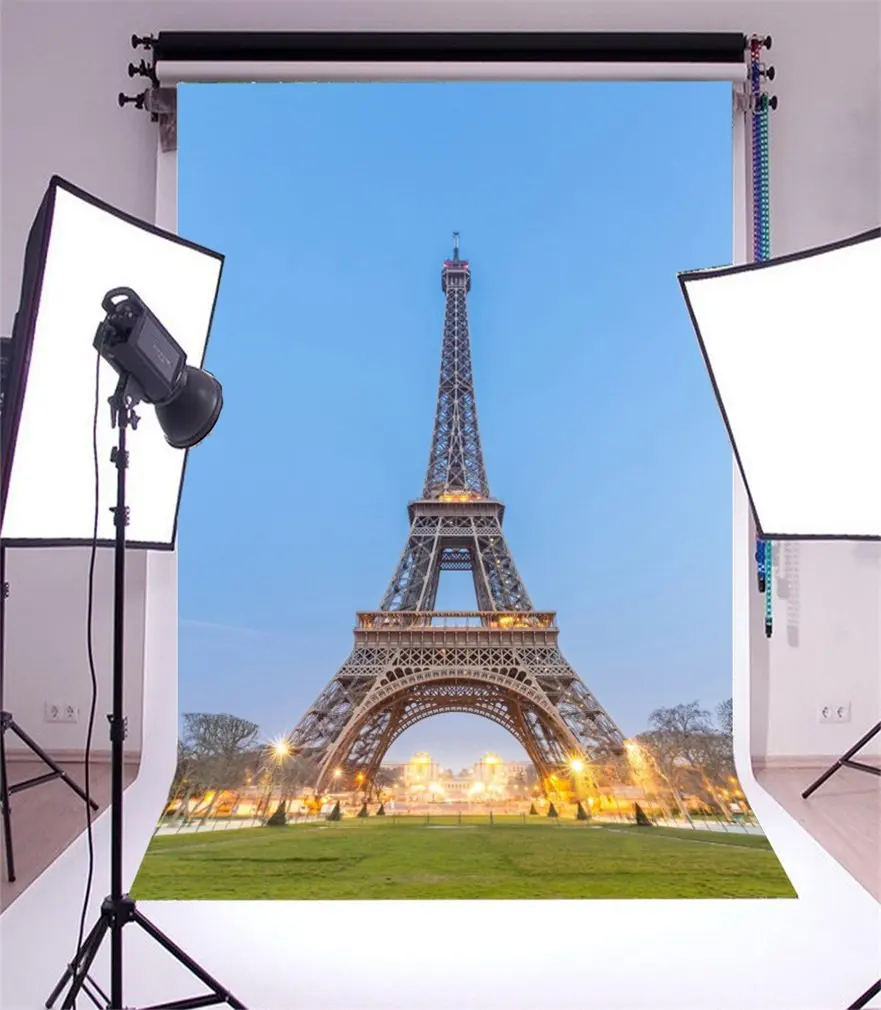 

Photography Backdrop Eiffel Tower Shining Lights Green Grass Lawn Blue Sky Nature Romantic Photo Background