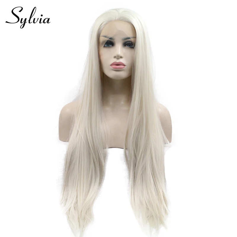 

Sylvia Platinum Blonde Silky Straight Synthetic Lace Front Wigs Middle Parting 180% Density Half Hand Tied Heat Resistant Fiber